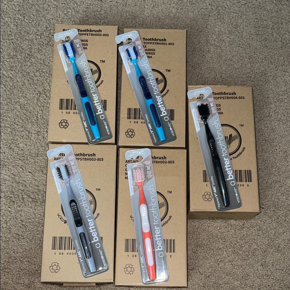 World Wide Better Toothbrush 12 Pieces Box Ultra Soft Tapered Arc Shape Bristle.